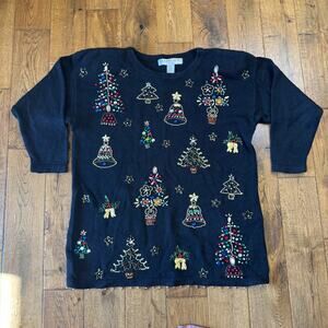 VTG Victoria Jones Christmas Tree Sweater Black Beaded Embroidered Plus Size 1X